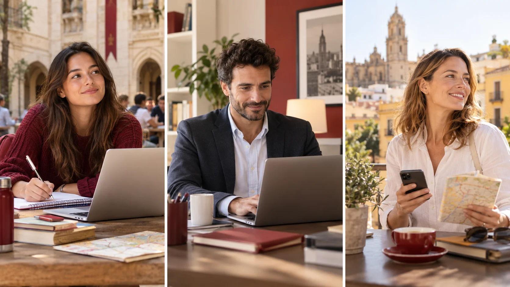 Tres personas aprendiendo español con objetivos de estudio, trabajo y vida en España