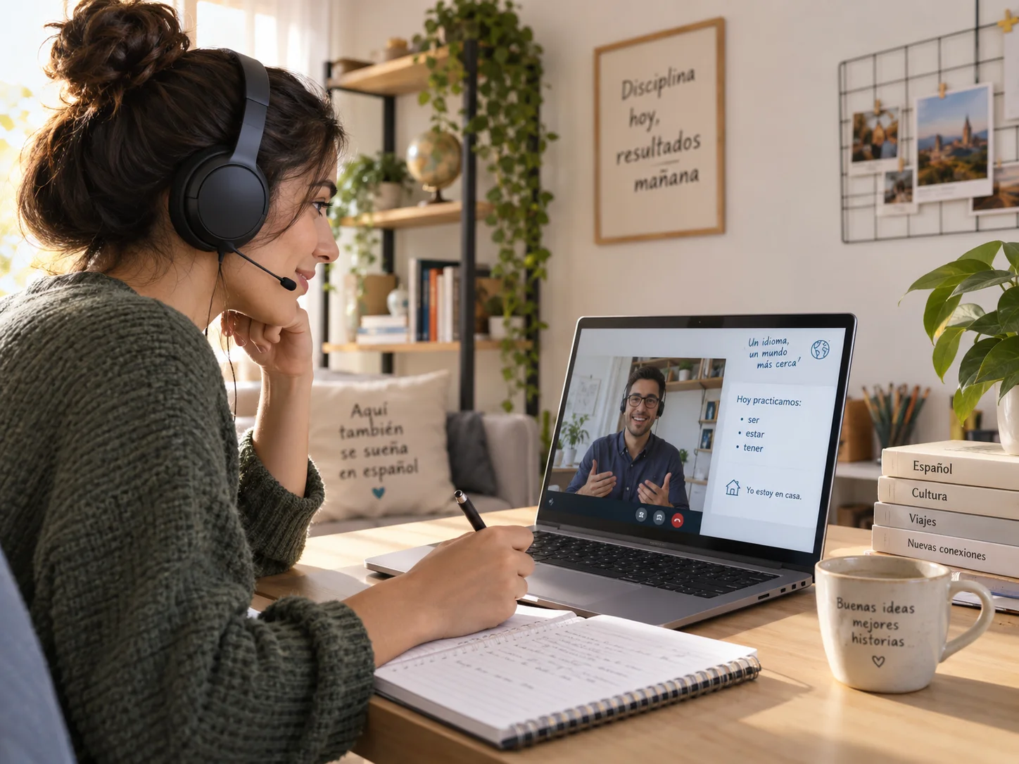 Estudiante recibiendo una clase de español online con un profesor