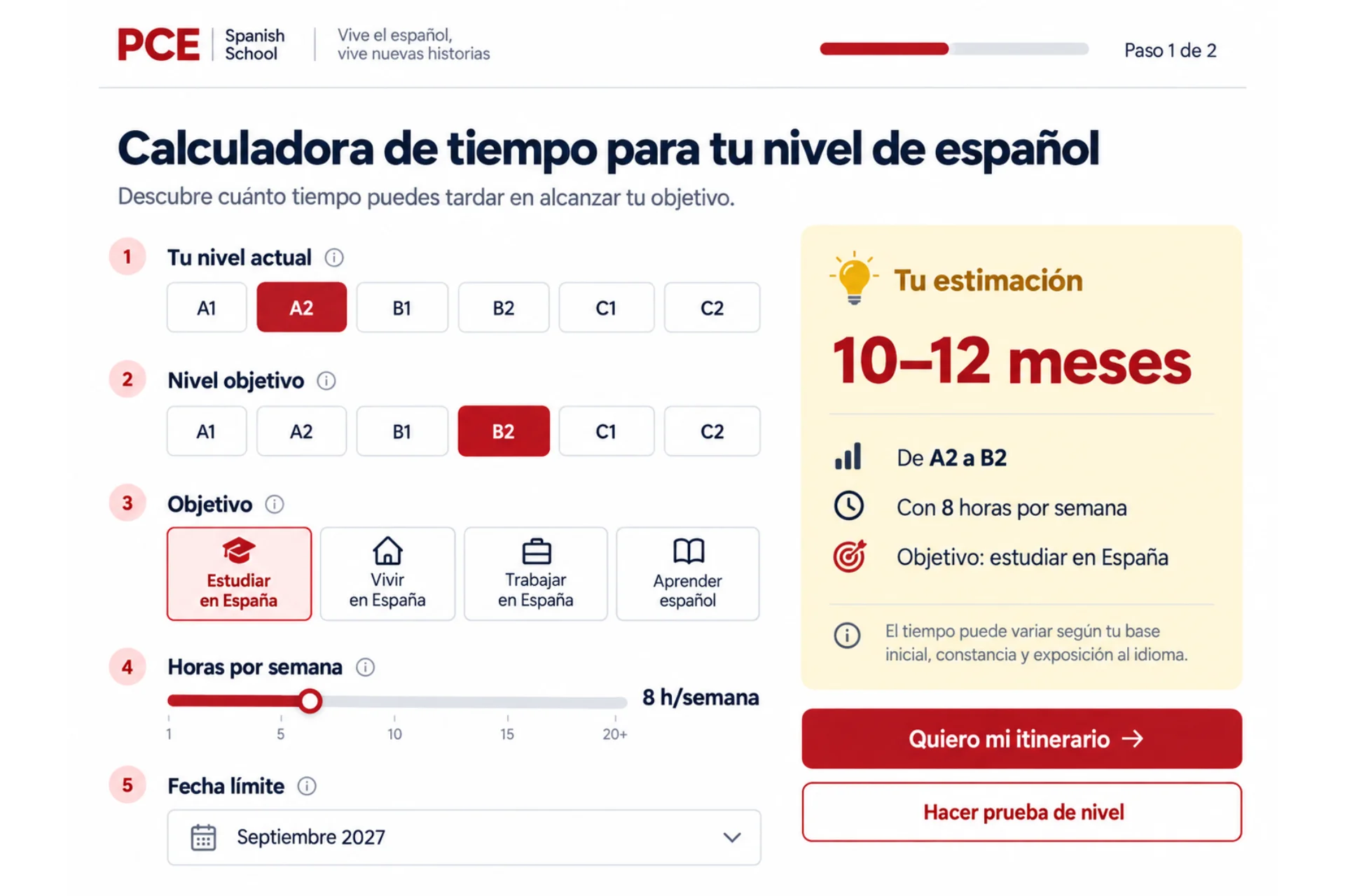 Calculadora para estimar el tiempo necesario para alcanzar un nivel de español